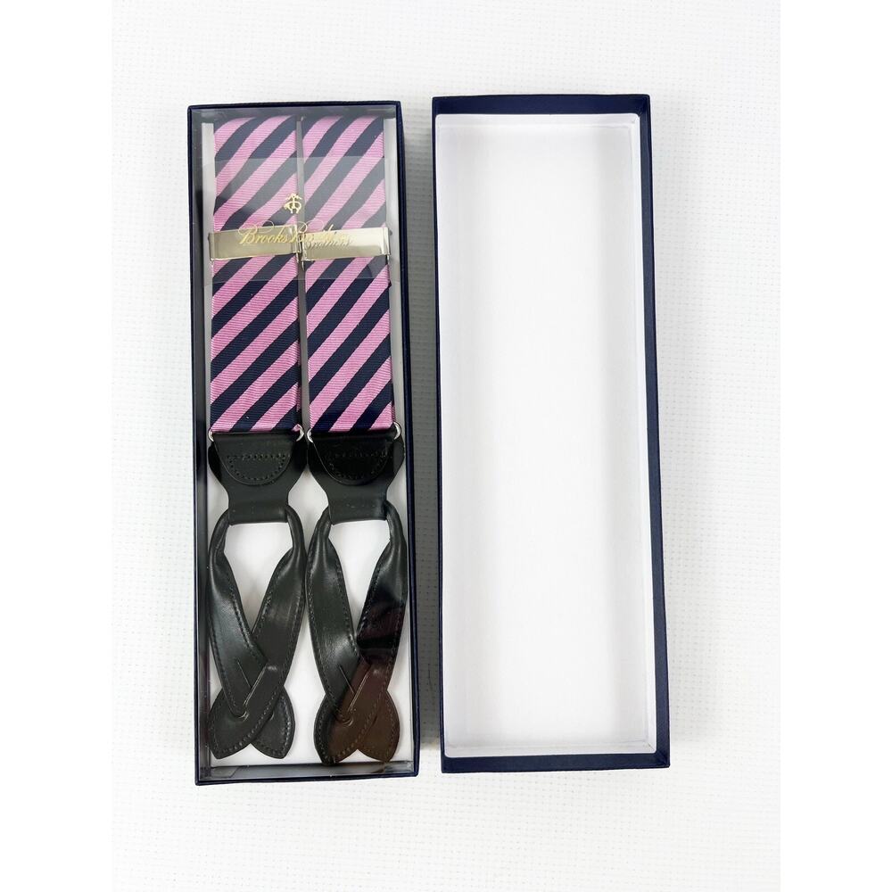 Brooks Brothers Pink Navy Stripes Adjustable Suspenders, New in Box MSRP $148